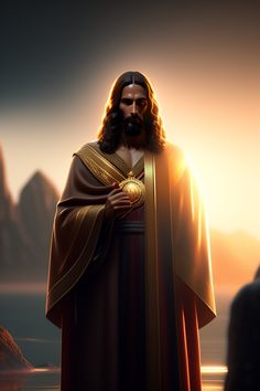 jesus standing in the desert with his hands on his chest and wearing a golden robe