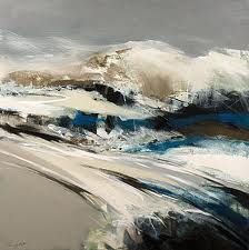 an abstract painting with blue, white and grey colors on the beach by the ocean