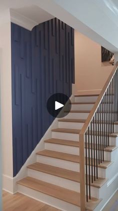 a stair case next to a blue wall in a house