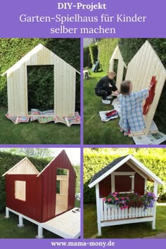 three pictures of children building their own house out of pallets and wooden boards, with the words diy - project garter - spielhauss fur kinder seber machen