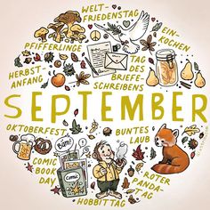 an image of the word september written in different languages and surrounded by doodles