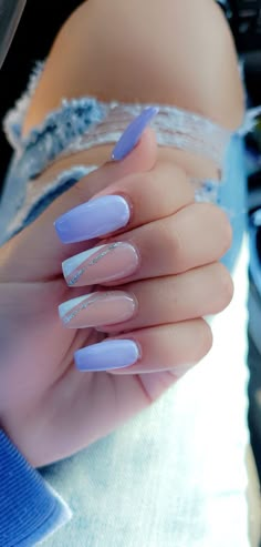 Coffin Style Nails Spring, Nail Ideas White And Purple, Square V French Tip Nails, Spring Nails 2023 Coffin Shape, Cute Light Purple Nail Designs, White Nails With Purple French Tip, Purple French Tip Nails Acrylic Coffin, Lilac Prom Nails Acrylic, Cute Spring Nails Acrylic Coffin Simple