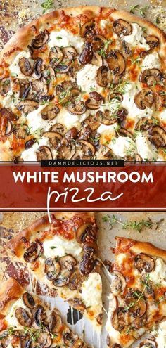 two different pizzas with mushrooms on them and the words white mushroom pizza written in red