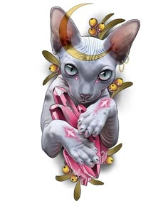 a drawing of a sphydrah cat with blue eyes holding a pink umbrella