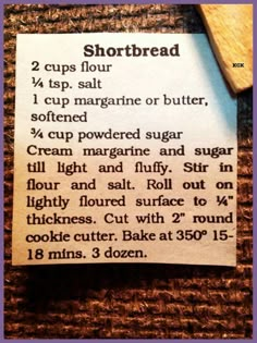 a recipe for shortbread on a piece of paper