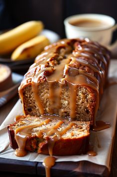 a loaf of banana bread drizzled with caramel