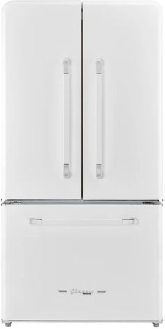 a white refrigerator freezer sitting next to each other on top of a white counter