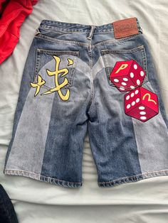 Patch Work On Jeans, Pants With Patches, Bape Clothing, Custom Jeans Diy, Bape Outfits, Apparel Design Inspiration, Denim Street Style, Wearable Art Clothing, Upcycle Clothes Diy