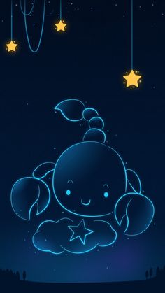 a cartoon character holding a star in the night sky with stars hanging from it's sides