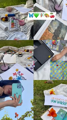 a collage of photos showing the process of painting flowers and butterflies on canvases