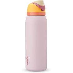 a pink water bottle with an orange lid and a straw sticking out of the top