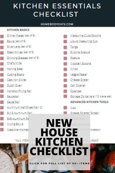 the new house kitchen checklist is shown in black and white with text overlay