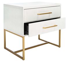 a white and gold nightstand with two drawers on one side, an open drawer in the other