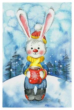 a painting of a bunny holding a cup in the snow