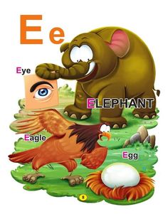 an elephant and some birds are in front of the letter e with their names on it