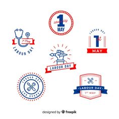 labor day badges and emblems for various businesses, including one that has the number 1 on it