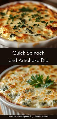 two pictures of spinach and artichoke dip with text overlay that reads quick spinach and artichoke dip