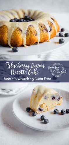 blueberry lemon ricotta cake on a white plate