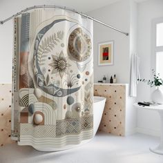 a bathroom with a bathtub, sink and shower curtain that has an abstract design on it