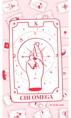 Light pink Tarot card with a drawing of a hand crossing first and second finger. Underneath it says Chi omega in a text box. Lower it says “it’s in the cards” Csc Banner, Chi Omega Symphony, Adpi Merch, Recruitment Graphics, Sorority Paddles, Banner Ideas