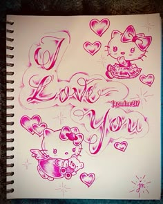 a notebook with some writing on it that says i love you and two hello kitty characters