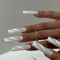 Off White Nails With Designs, White Tip Design Nails, White Acrylic Nails Designs Ideas, Acrylic Nail Designs White, White Nail Set, White Long Nails, White Nails Acrylic, White Nail Art Designs, Acrylic Full Set