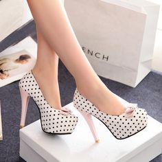 Polka Dot Printed Round Toe Stiletto Pumps with Ribbon Vintage High Heels, Platform Stilettos, Stiletto Shoes, Platform High Heels, Black Platform, Fabulous Shoes, Black High Heels, Crazy Shoes, Pretty Shoes