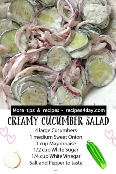 an advertisement for creamy cucumber salad with onions and celery on the side