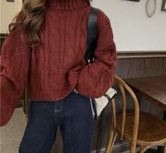 Carhartt Vest Outfit, Oversized Knitted Sweater, Ladies Turtleneck Sweaters, Oversized Knitted Sweaters, Red Sweater, Oversized Pullover, Mode Inspo, Outfit Inspo Fall, 가을 패션