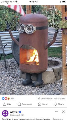 an image of a fire in the oven with eyes on it's face and arms