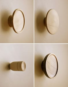 four pictures of different knobs on the wall, one with a wooden handle and one without