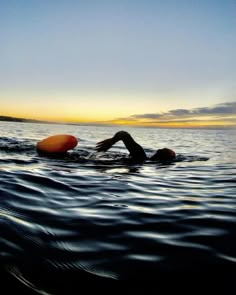 a person swimming in the ocean at sunset