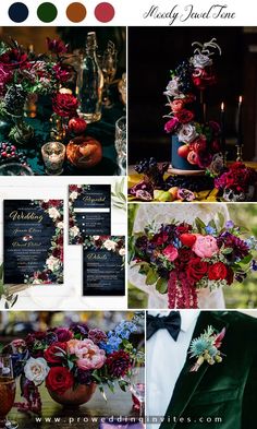 Jewel Tones Wedding Theme, Dark Summer Wedding Theme, Wedding Florals Jewel Tones, Jewel Colors Wedding, Dark Jewel Tone Wedding Table Settings, Moody Gatsby Wedding, Emerald Moody Wedding, Moody Wedding Mood Board, Moody Spring Wedding Flowers