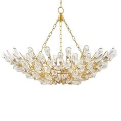 a gold chandelier with clear glass drops hanging from it's golden chain