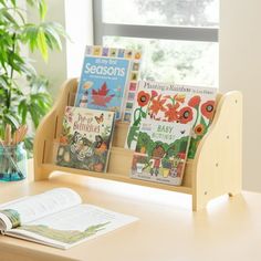 children's books and magazines are on a desk next to a potted plant