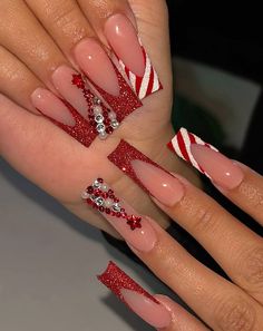 Christmas Nail Designs Acrylic, Christmas Nail Art Ideas, Candy Cane Nails, Red Christmas Nails, Winter Nails Acrylic, Girly Acrylic Nails, Christmas Nails Acrylic, Long Square Acrylic Nails, Unique Acrylic Nails