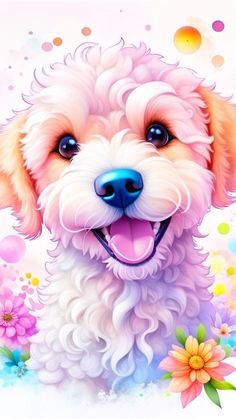 a painting of a dog with flowers and bubbles in it's mouth, smiling