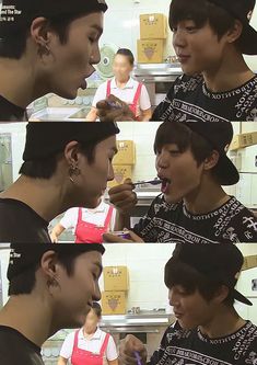 several images of young men in aprons and hats brushing their teeth with toothbrushes