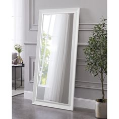 a large white mirror sitting on top of a floor next to a potted plant