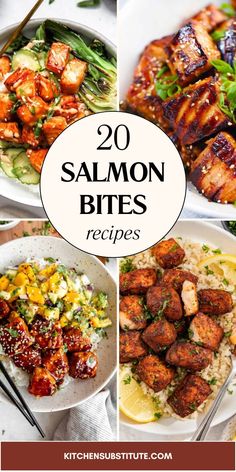 the top 20 salmon bites recipes are featured in this collage with text overlay