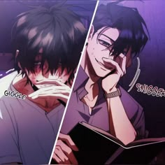 two anime characters one is reading and the other is looking at a book with his hand to his face