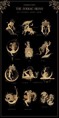 the zodiac signs are shown in gold and black