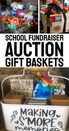 School Fundraiser Auction Gift Basket Ideas And Action Baskets To Raffle Off Fundraising Raffle Baskets, Ideas For Fundraisers, Auction Basket Themes, Tricky Tray Baskets, Adult Gift Basket, Basket Themes, Silent Auction Gift Basket Ideas, Raffle Gift Basket Ideas, Silent Auction Basket