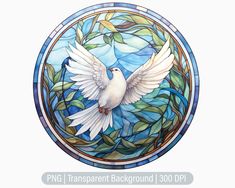 a white bird with wings spread in front of a stained glass window that reads png transparent