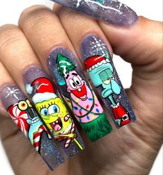 Christmas Gel Nails Designs Grinch, Cartoon Christmas Nail Art, Thanksgiving Character Nails, Disneyland Christmas Nails, Christmas Nails Characters, Spongebob Halloween Nails