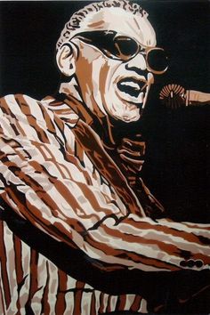 a painting of a man holding a microphone in his right hand and wearing striped shirt