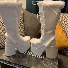 Size 8 Demonias Brand New Never Worn Trendy White Winter Heels, White Synthetic Boots With Padded Heel, White Synthetic Boots For Party, Winter White Heels Medium Width, White Synthetic Party Boots, White Medium Width Heels For Winter, White Medium Width Lace-up Heels, White Block Heel Winter Boots, White Synthetic Boots For Winter