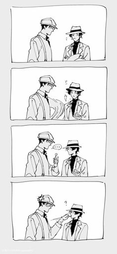 the comic strip shows two men in hats talking to each other and one is pointing at something