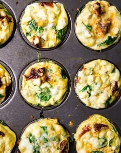 several muffins with different toppings sitting in a muffin tin