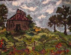 a painting of a house on a hill with trees and flowers in the foreground